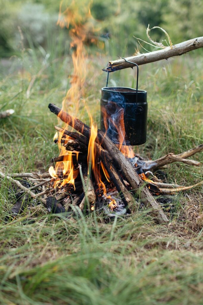 blur, close-up, cooking, daylight, field, fire, firewood, flame, focus, food, garden, grass, hayfield, outdoors, pot, nature, smoke, wood, woods, green fire, green wood, green cooking, green smoke, green focus